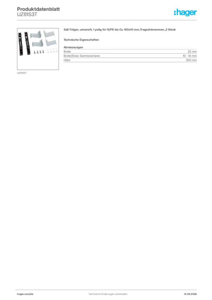 Bild Hager Produktdatenblatt UZ81S3T | Hager Deutschland