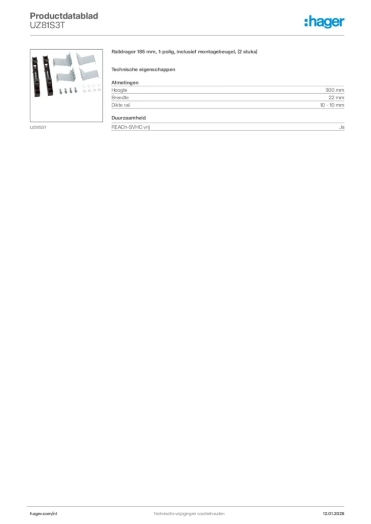 Afbeelding Hager Productdatablad UZ81S3T | Hager Nederland