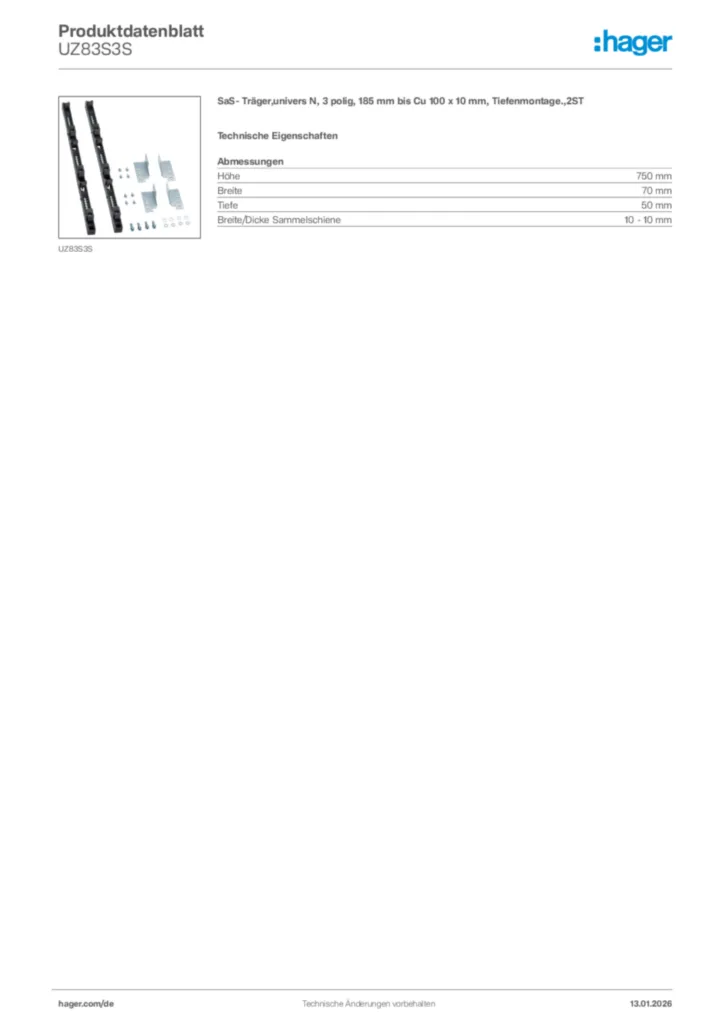 Bild Hager Produktdatenblatt UZ83S3S | Hager Deutschland