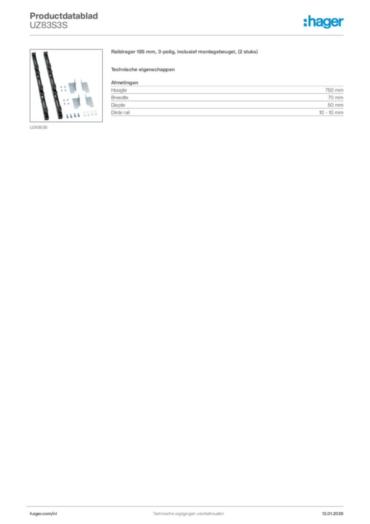 Afbeelding Hager Productdatablad UZ83S3S | Hager Nederland