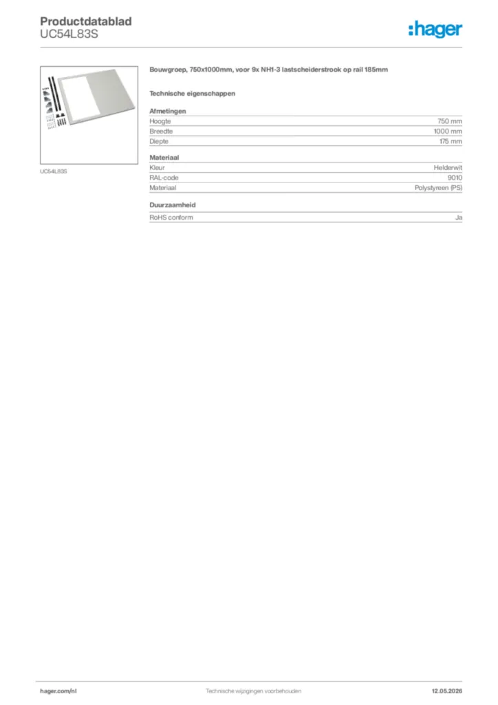 Afbeelding Hager Productdatablad UC54L83S | Hager Nederland