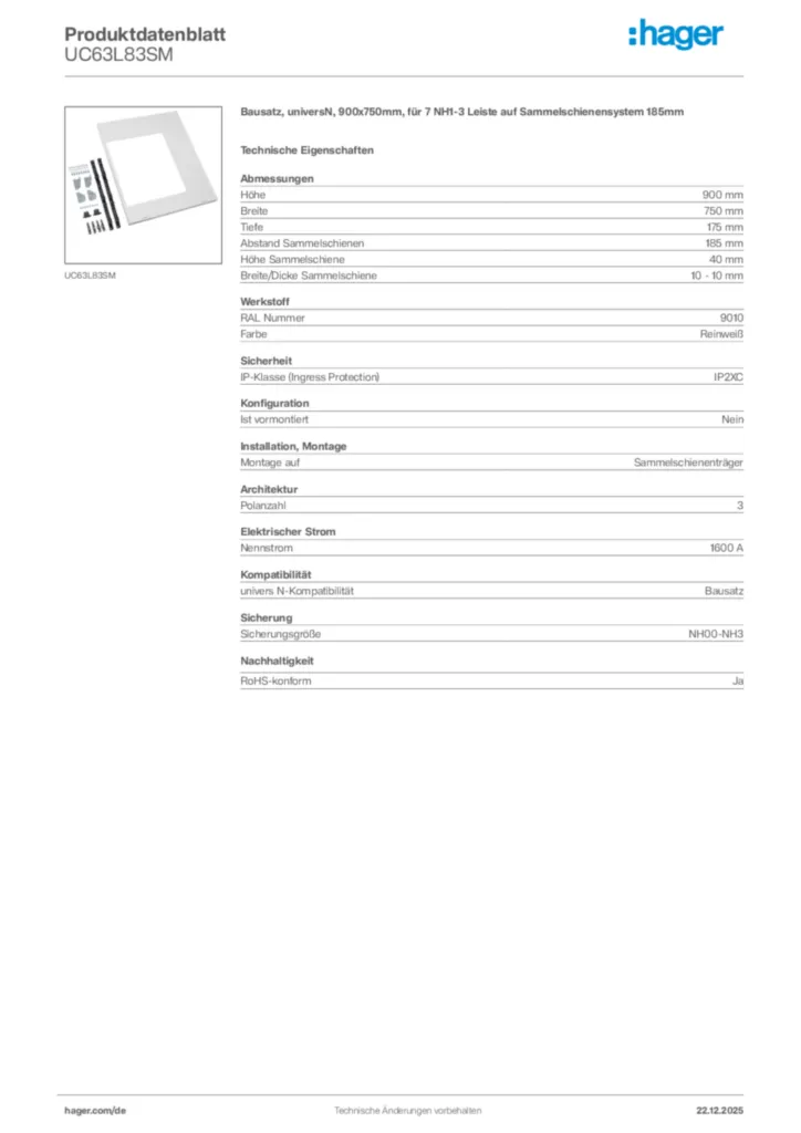Bild Hager Produktdatenblatt UC63L83SM | Hager Deutschland