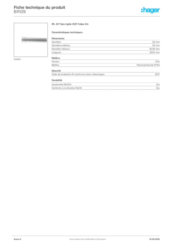Image Iboco Fiche technique du produit B11129 | Hager France