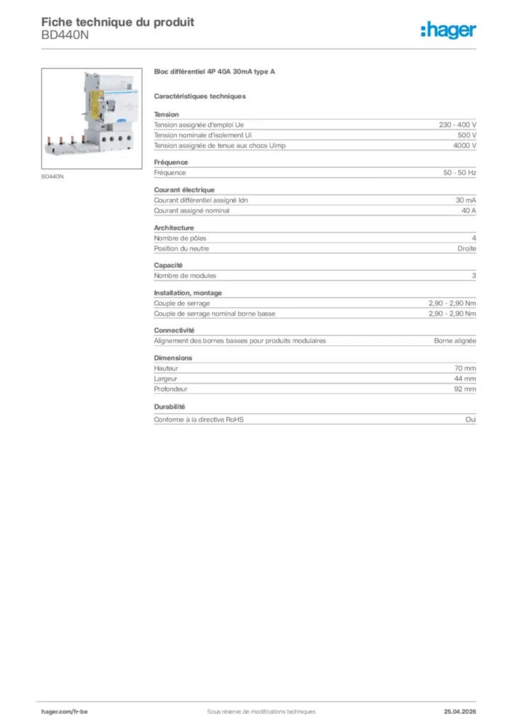 Image Hager Fiche technique du produit BD440N | Hager Belgique