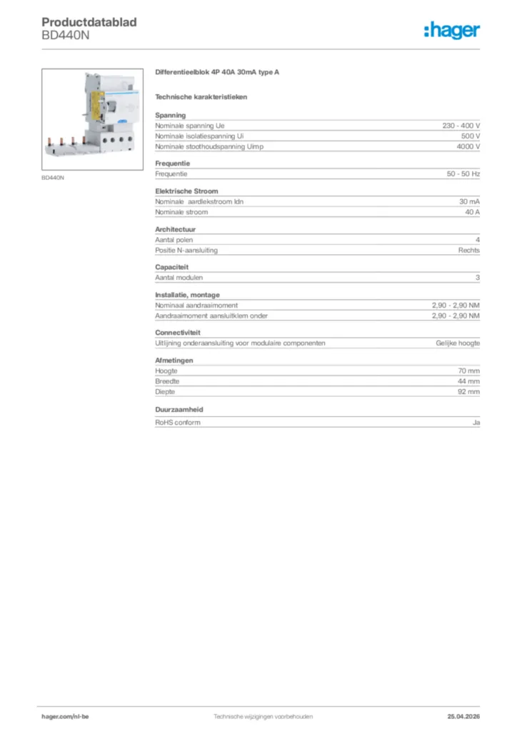 Afbeelding Hager Productdatablad BD440N | Hager Belgium