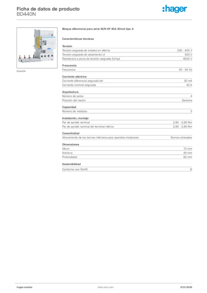 Imagen Hager Ficha de datos de producto BD440N | Hager España