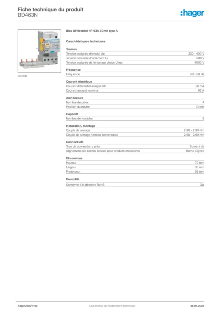 Image Hager Fiche technique du produit BD463N | Hager Belgique