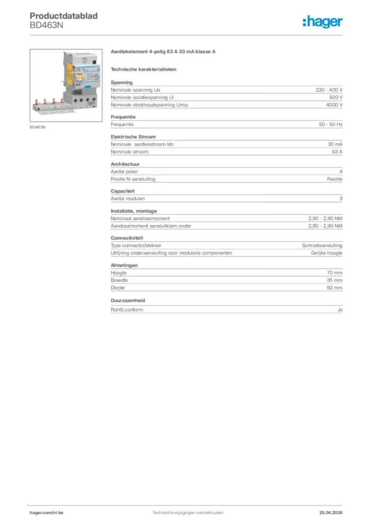 Afbeelding Hager Productdatablad BD463N | Hager Belgium