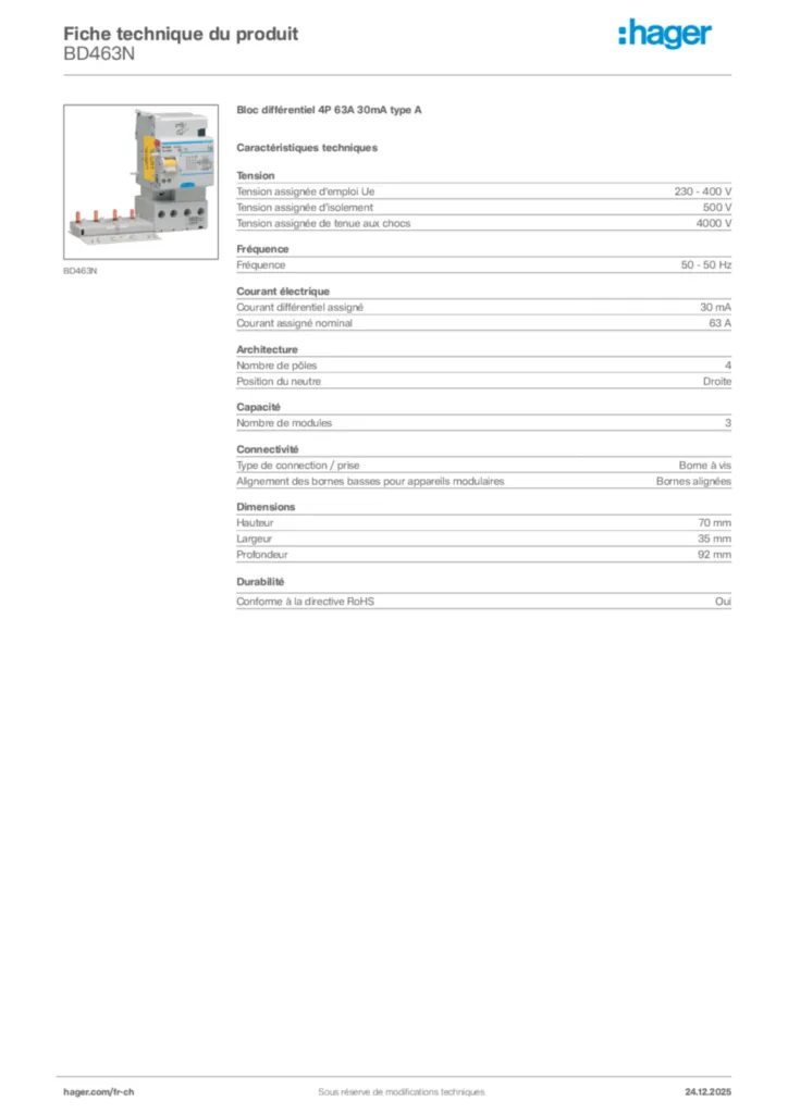 Image Hager Fiche technique du produit BD463N | Hager Suisse