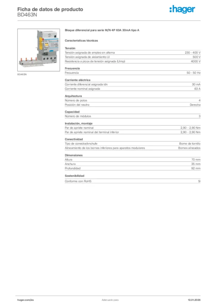 Imagen Hager Ficha de datos de producto BD463N | Hager España
