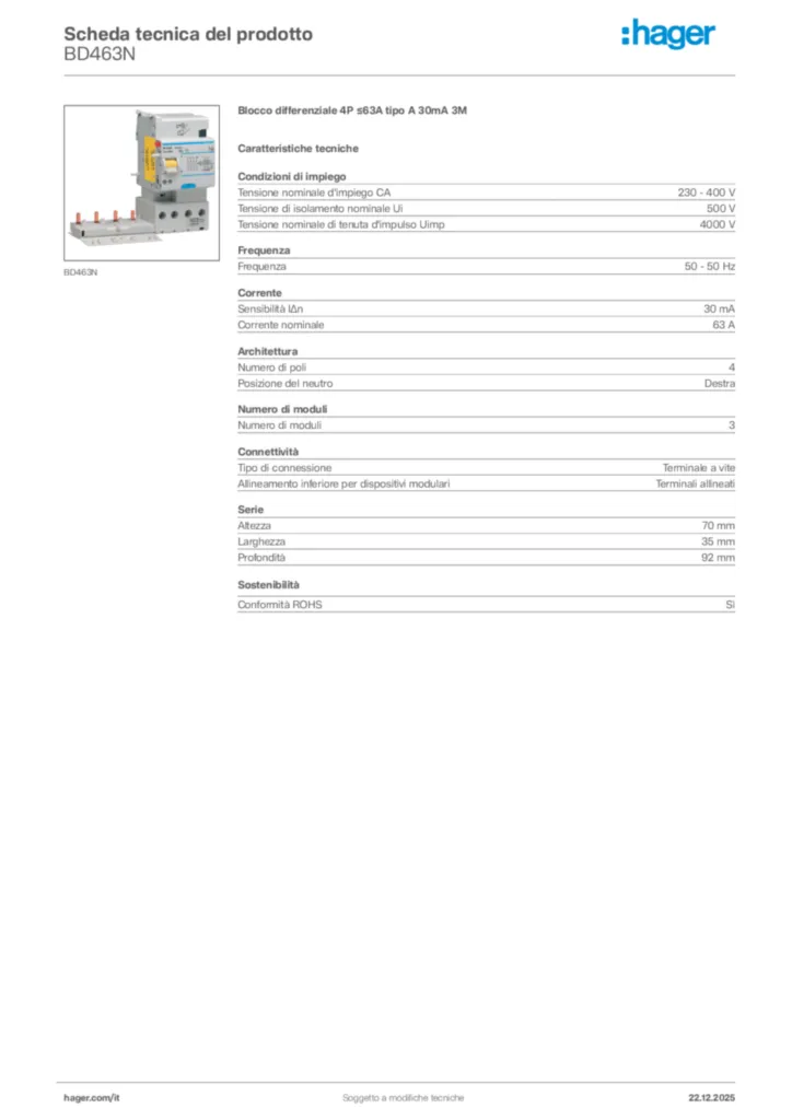 Immagine Hager Scheda tecnica del prodotto BD463N | Hager Italia
