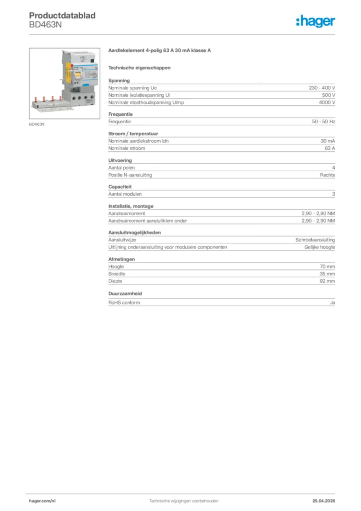 Afbeelding Hager Productdatablad BD463N | Hager Nederland