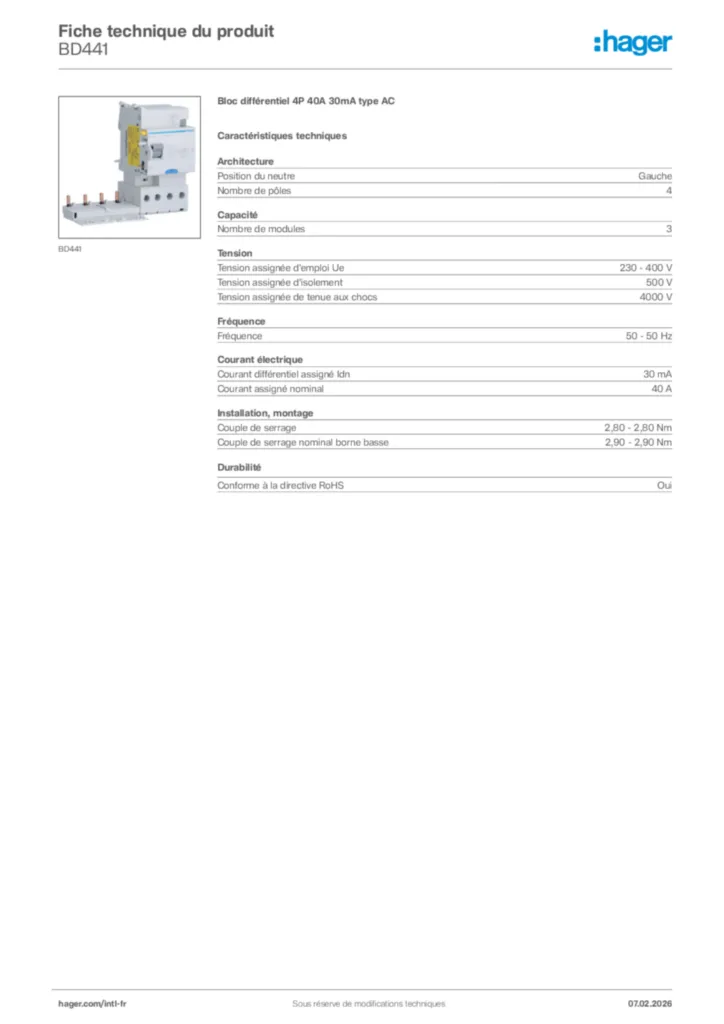 Image Hager Fiche technique du produit BD441 | Hager Afrique