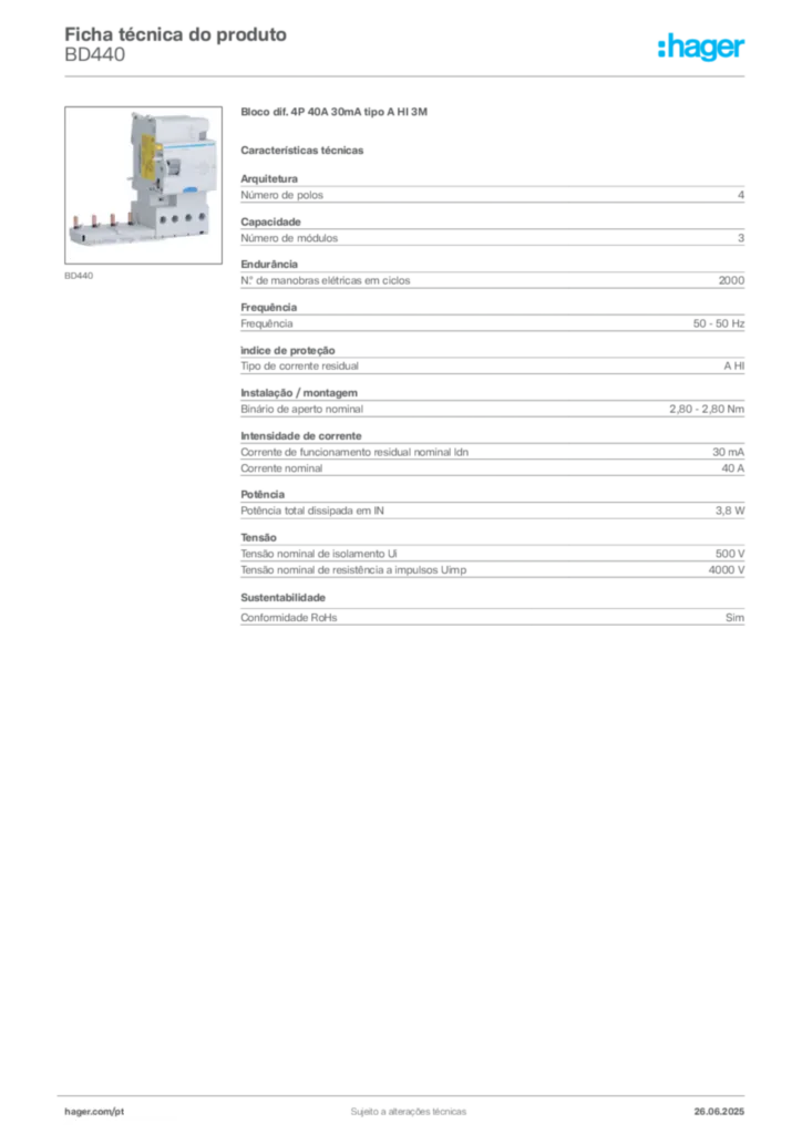 Imagem Hager Ficha técnica do produto BD440 | Hager Portugal