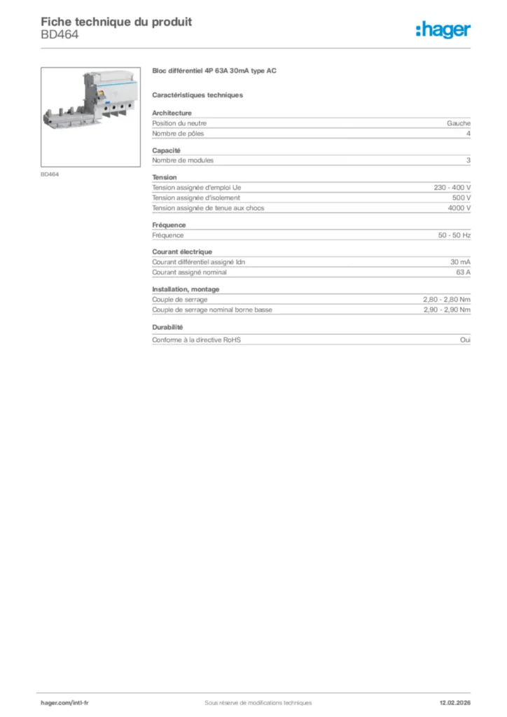Image Hager Fiche technique du produit BD464 | Hager Afrique