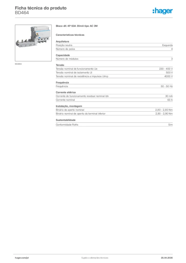 Imagem Hager Ficha técnica do produto BD464 | Hager Portugal