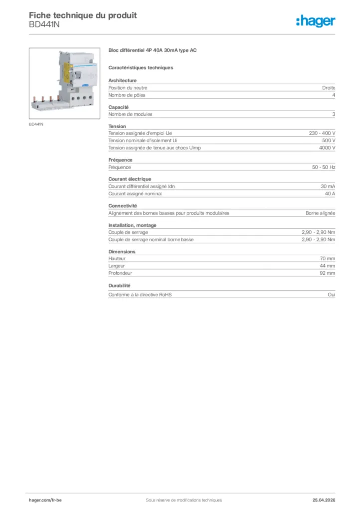 Image Hager Fiche technique du produit BD441N | Hager Belgique
