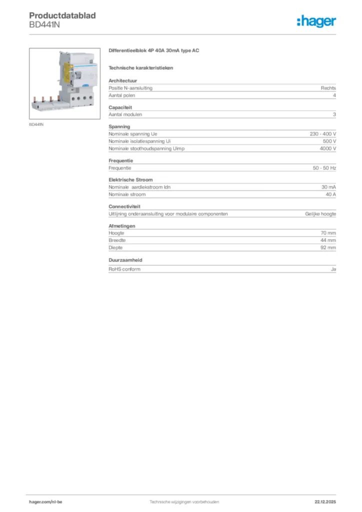 Afbeelding Hager Productdatablad BD441N | Hager Belgium