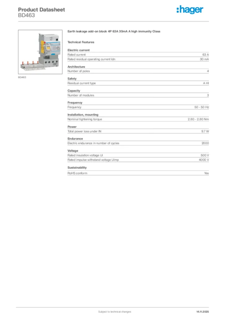 Image Hager Product data sheet BD463  | Hager Africa