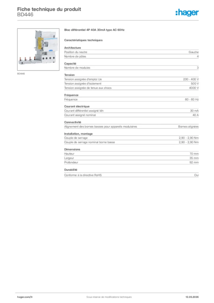 Image Hager Fiche technique du produit BD446 | Hager France
