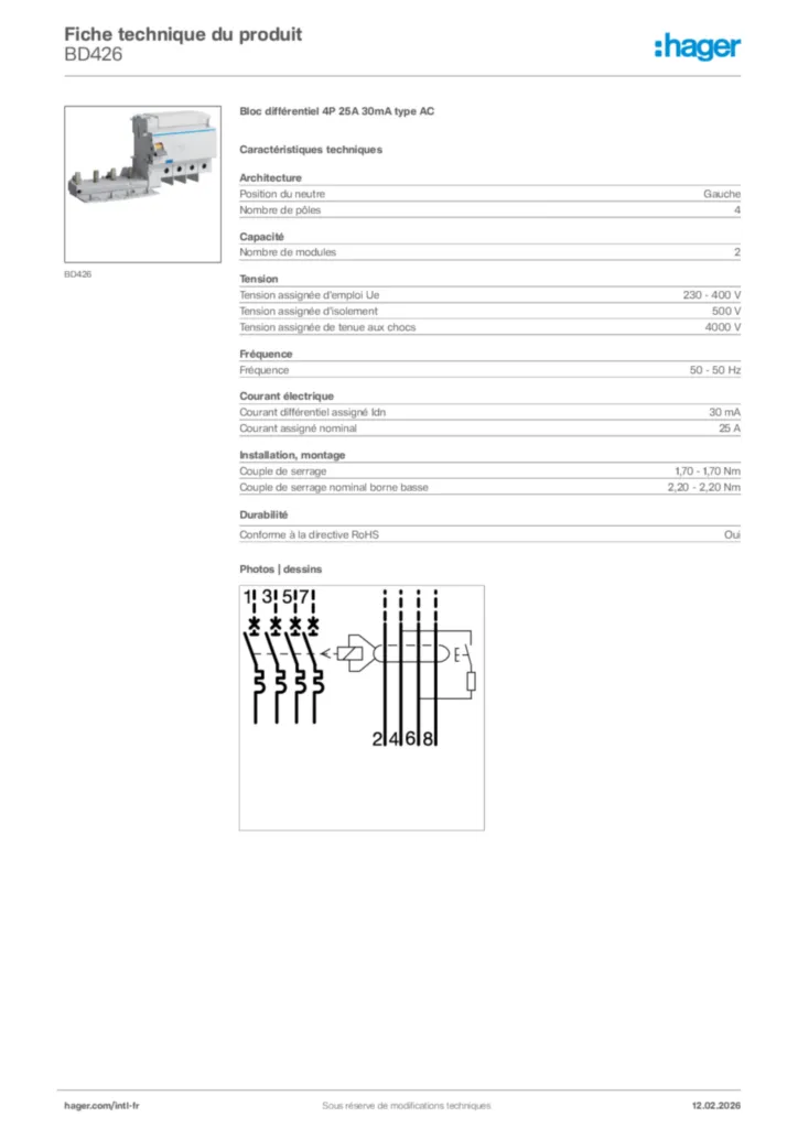 Image Hager Fiche technique du produit BD426 | Hager Afrique