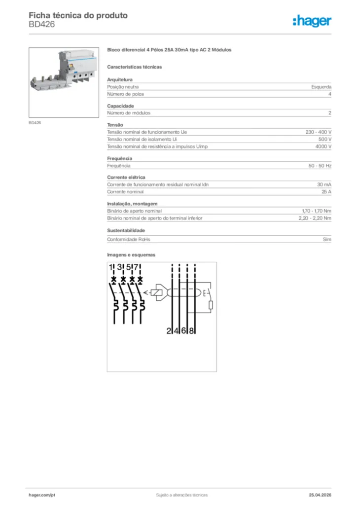 Imagem Hager Ficha técnica do produto BD426 | Hager Portugal