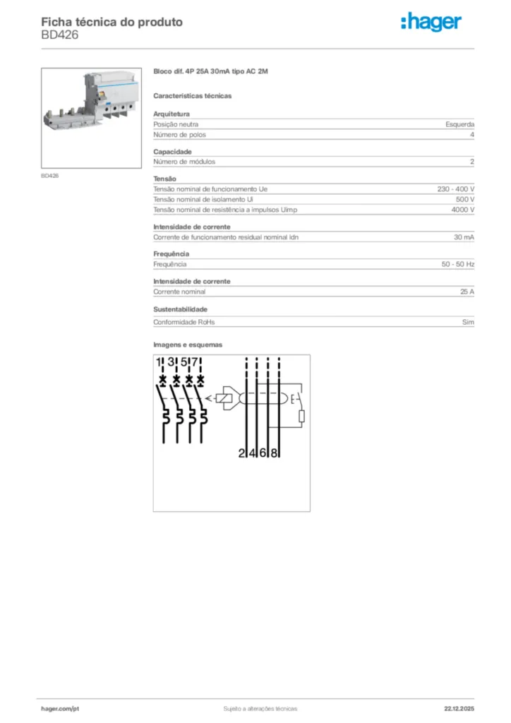 Imagem Hager Ficha técnica do produto BD426 | Hager Portugal