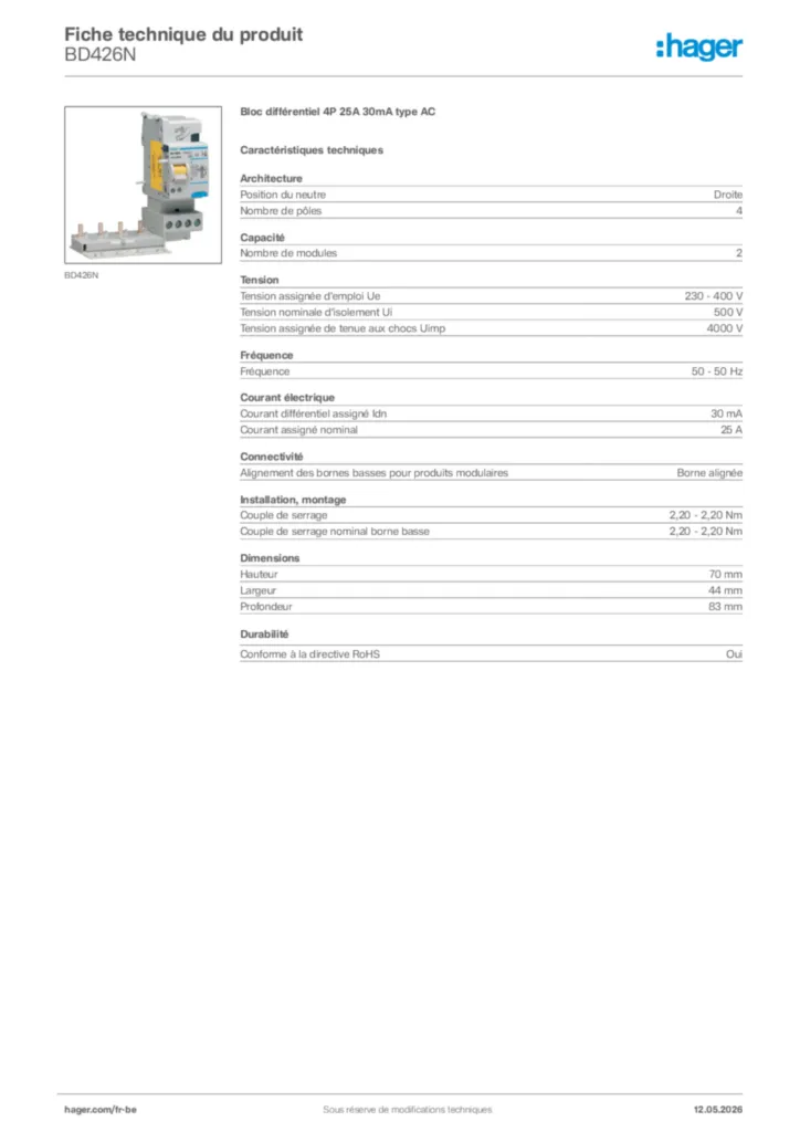 Image Hager Fiche technique du produit BD426N | Hager Belgique