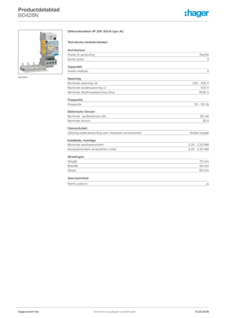 Afbeelding Hager Productdatablad BD426N | Hager Belgium