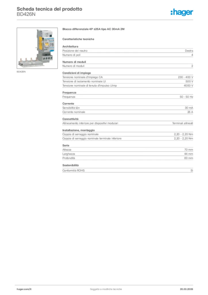 Immagine Hager Scheda tecnica del prodotto BD426N | Hager Italia