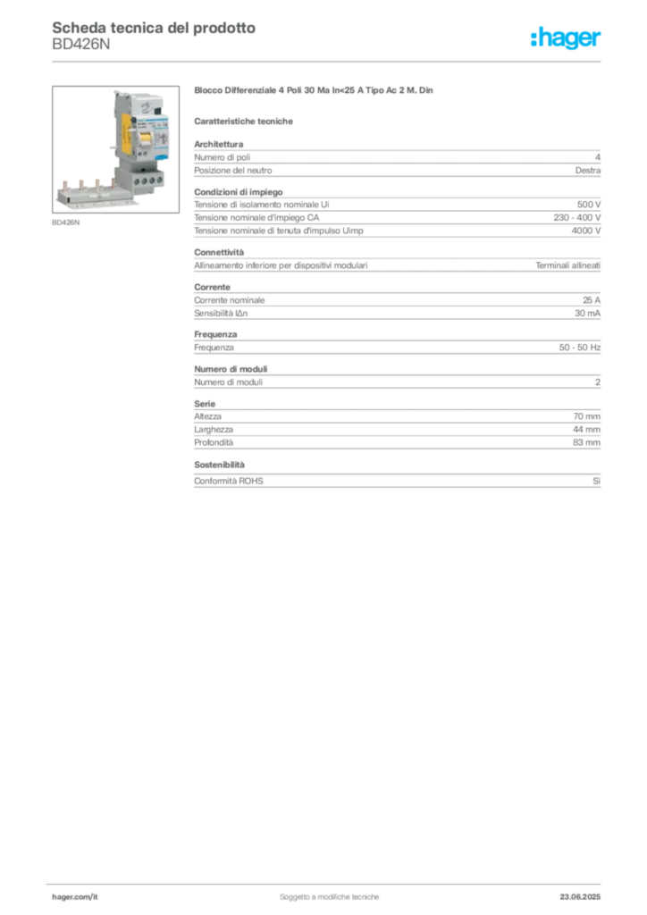 Immagine Hager Scheda tecnica del prodotto BD426N | Hager Italia