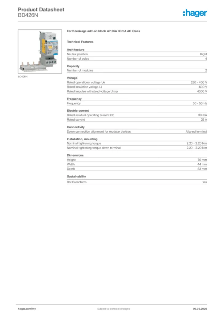 Image Hager Product data sheet BD426N  | Hager