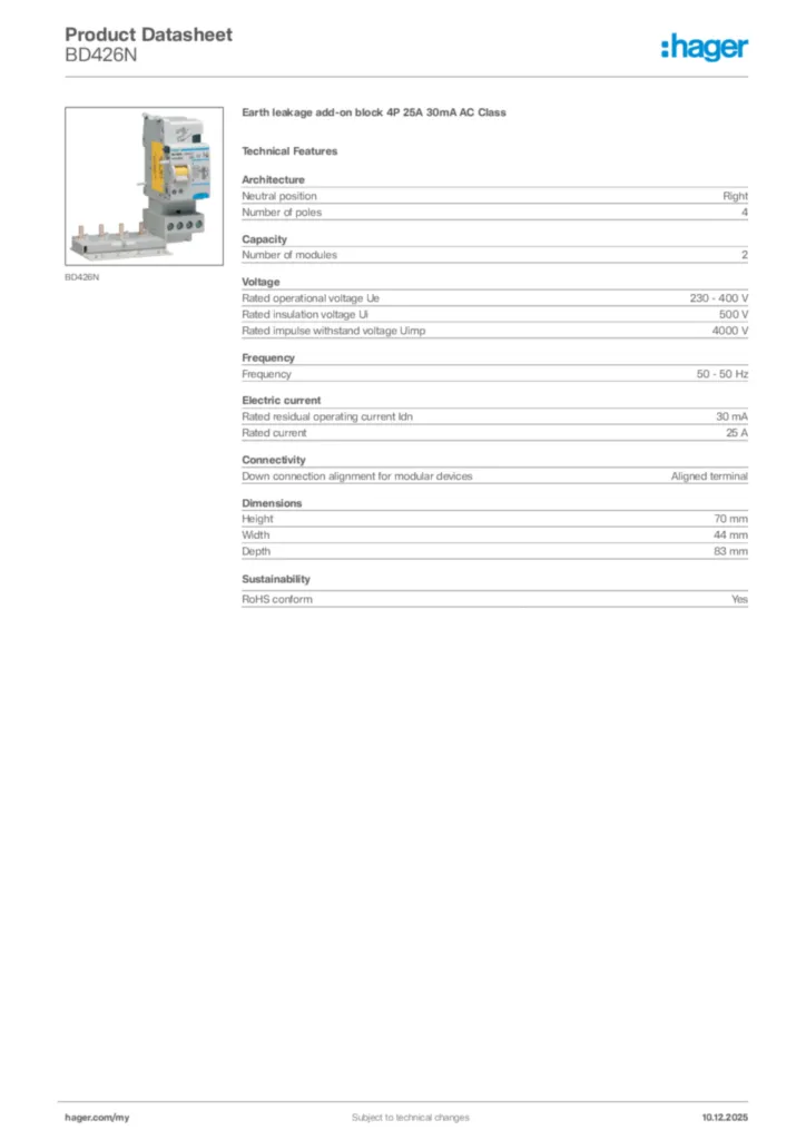 Image Hager Product data sheet BD426N  | Hager