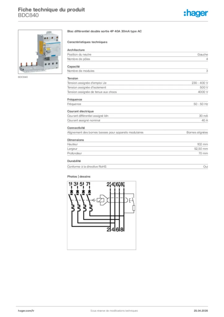Image Hager Fiche technique du produit BDC840 | Hager France