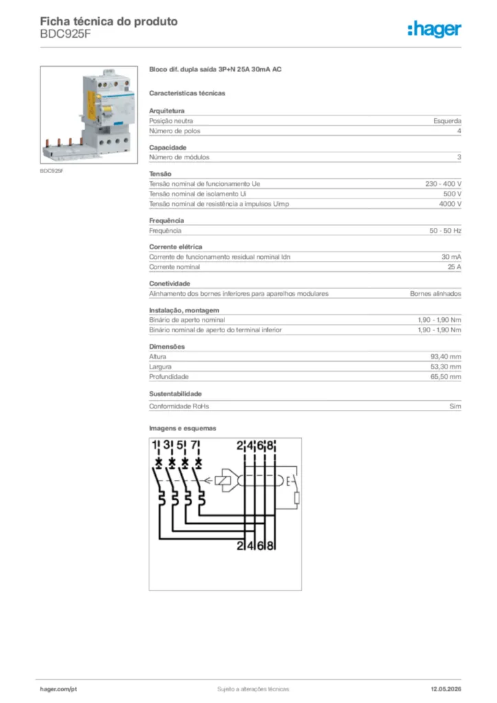 Imagem Hager Ficha técnica do produto BDC925F | Hager Portugal