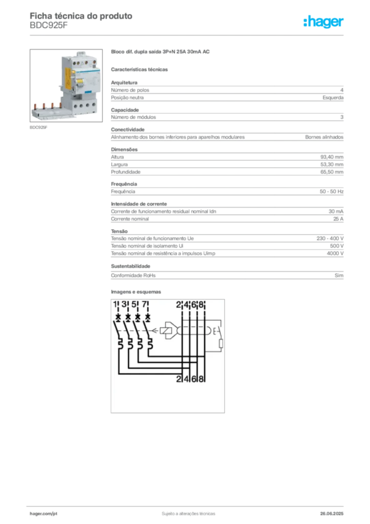 Imagem Hager Ficha técnica do produto BDC925F | Hager Portugal