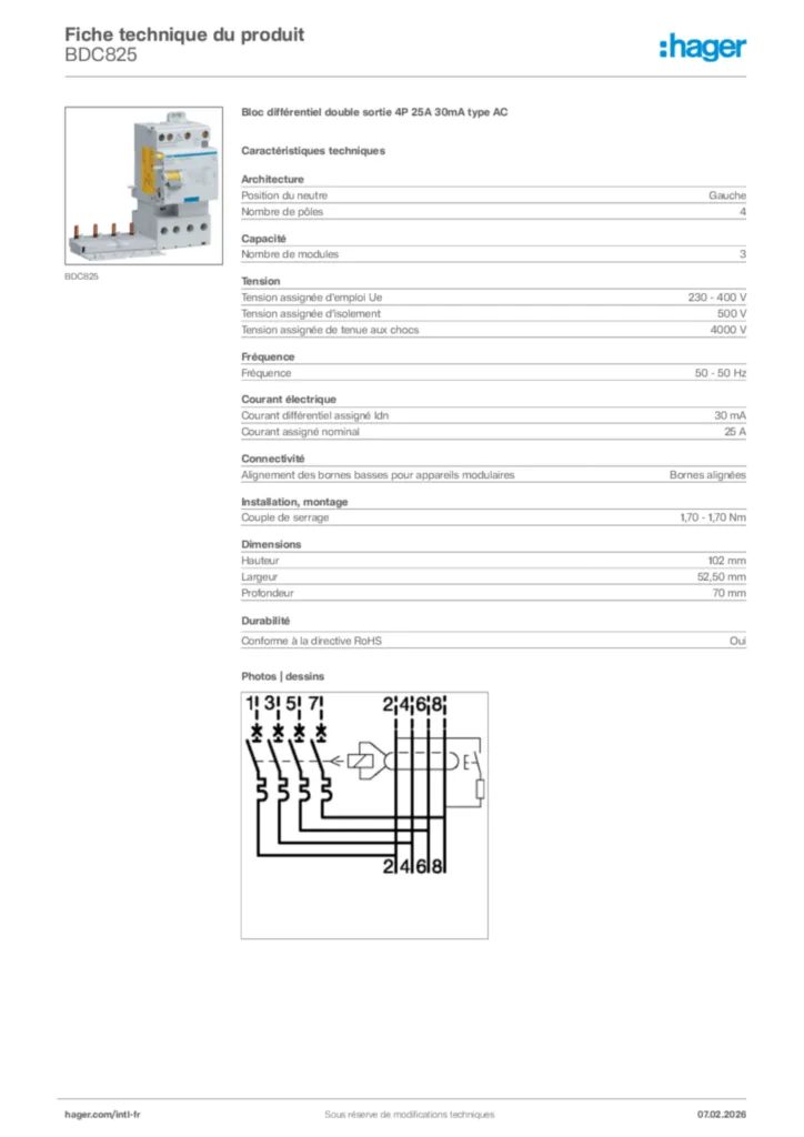 Image Hager Fiche technique du produit BDC825 | Hager Afrique