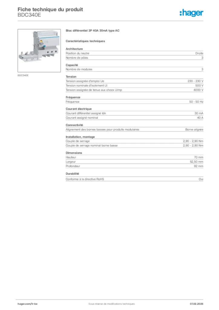 Image Hager Fiche technique du produit BDC340E | Hager Belgique
