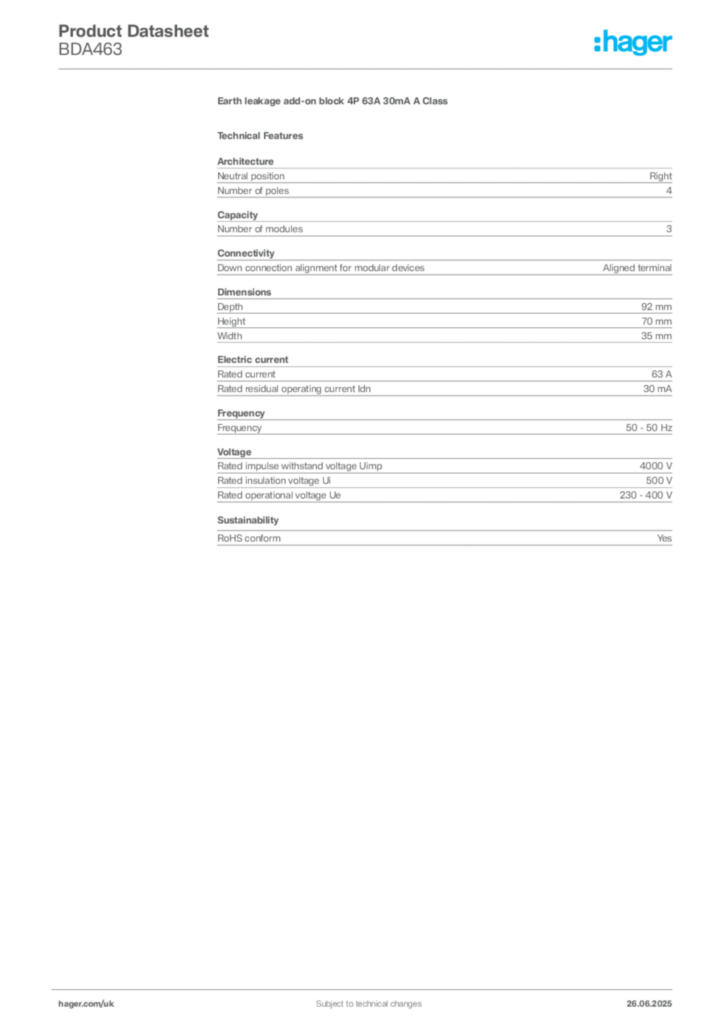 Image Hager Product data sheet BDA463  | Hager