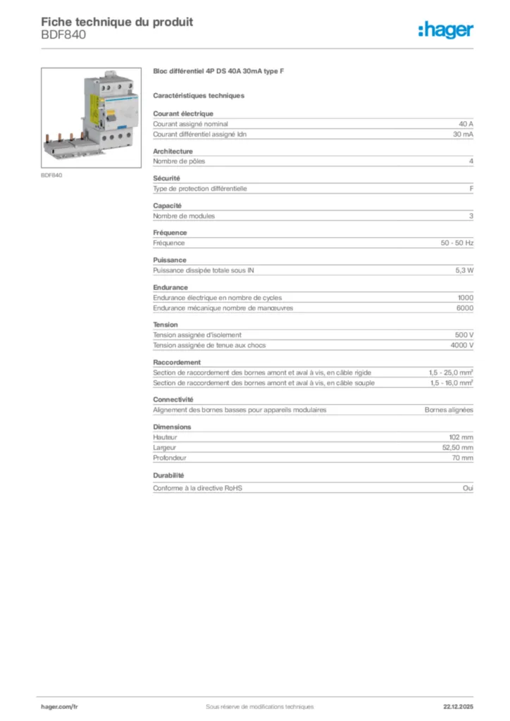 Image Hager Fiche technique du produit BDF840 | Hager France