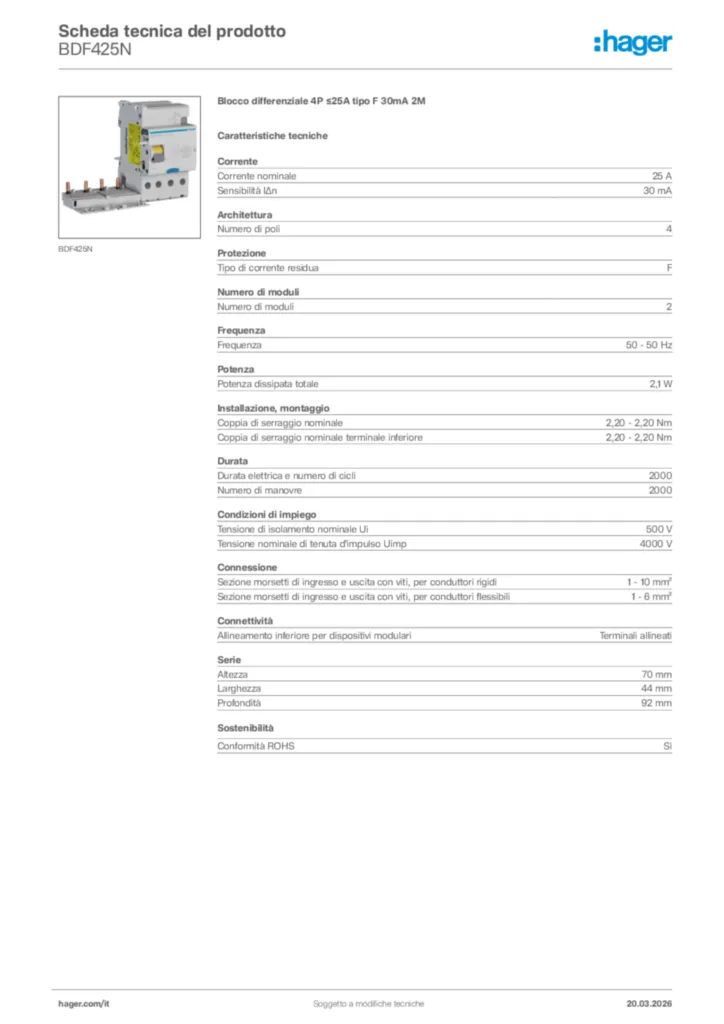 Immagine Hager Scheda tecnica del prodotto BDF425N | Hager Italia