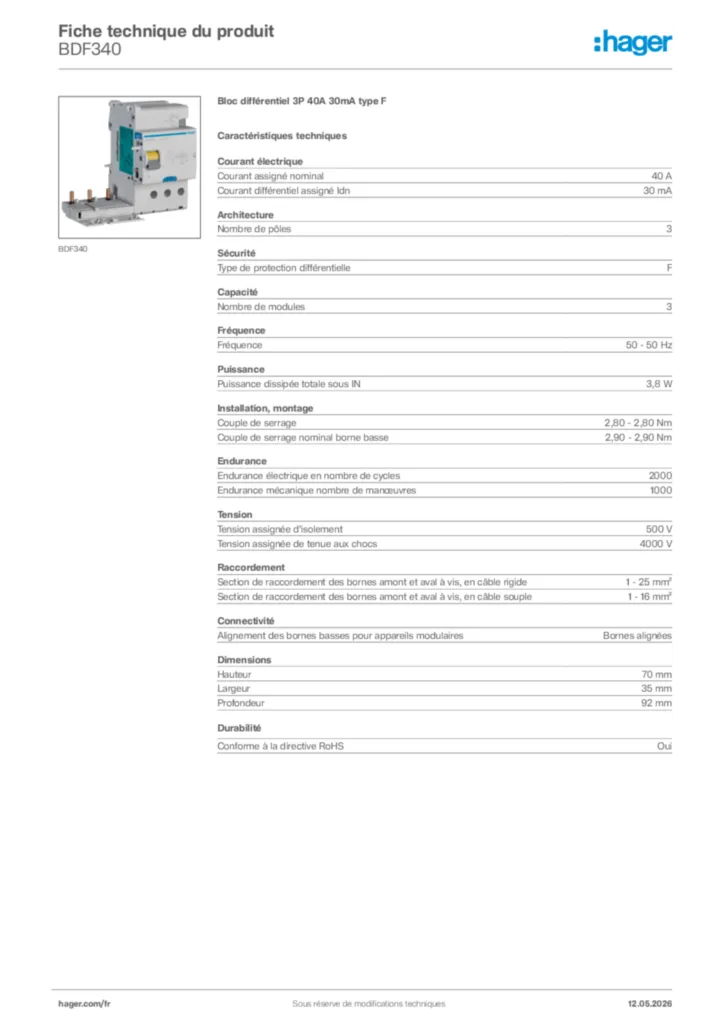 Image Hager Fiche technique du produit BDF340 | Hager France