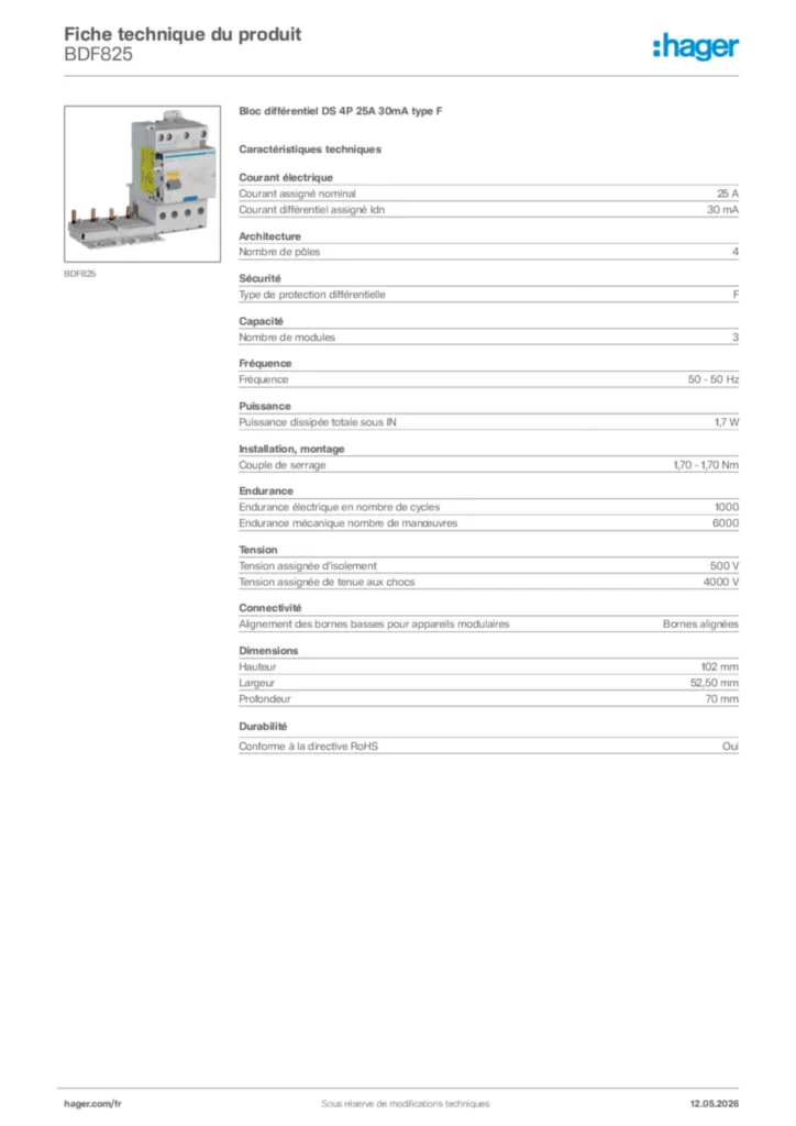 Image Hager Fiche technique du produit BDF825 | Hager France
