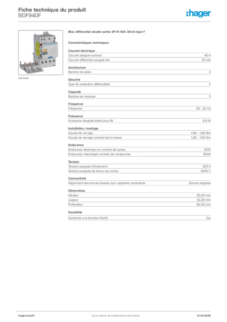 Image Hager Fiche technique du produit BDF940F | Hager France