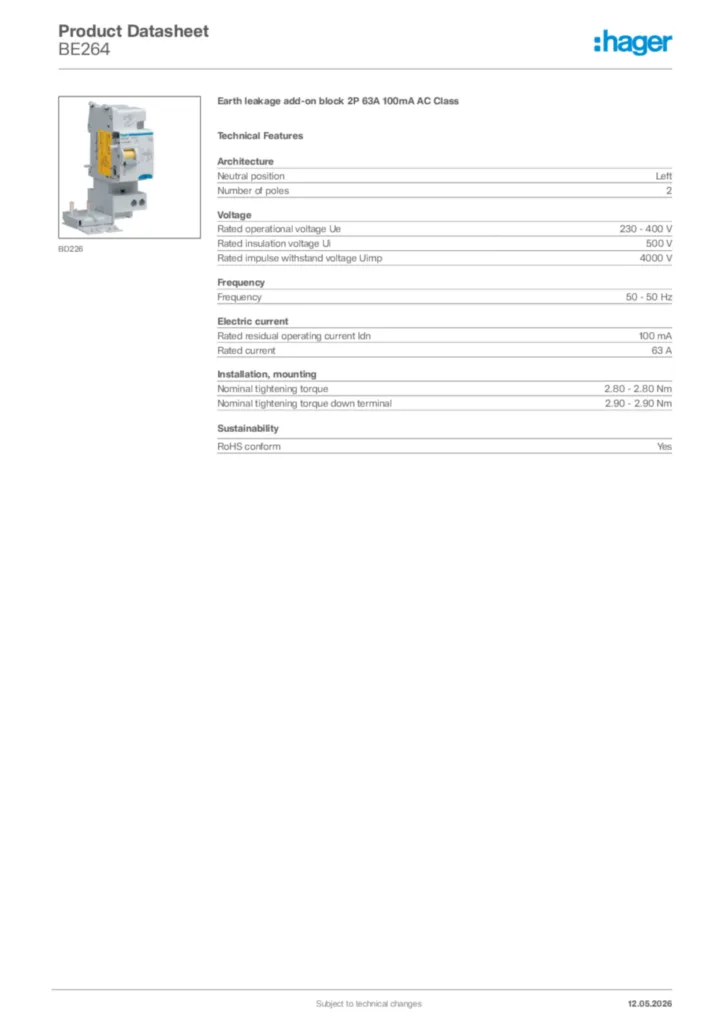 Image Hager Product data sheet BE264  | Hager Africa