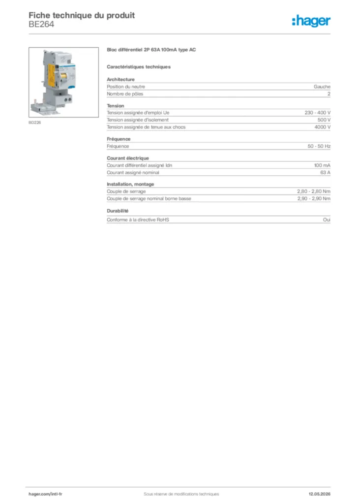 Image Hager Fiche technique du produit BE264 | Hager Afrique