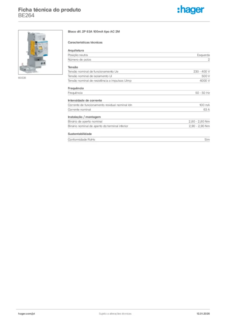 Imagem Hager Ficha técnica do produto BE264 | Hager Portugal