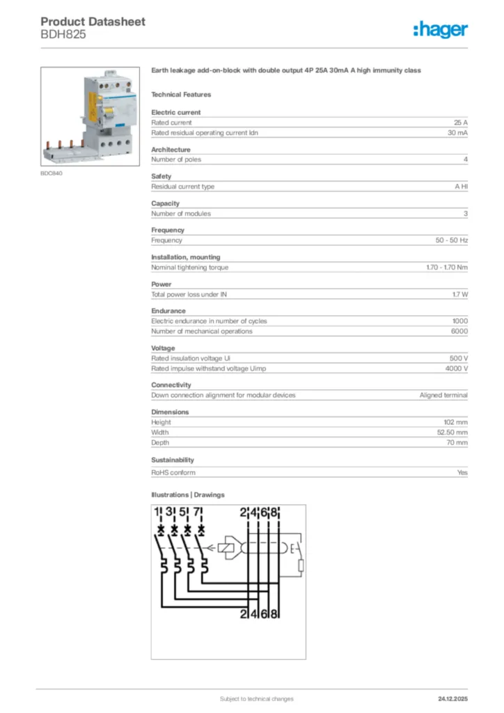 Image Hager Product data sheet BDH825  | Hager Africa