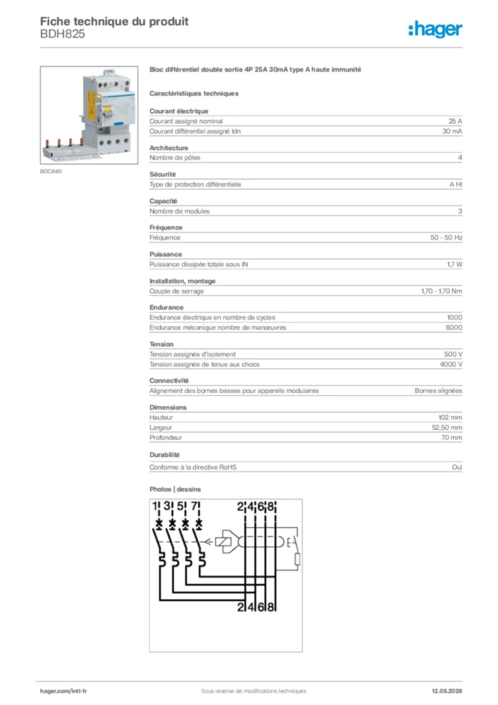 Image Hager Fiche technique du produit BDH825 | Hager Afrique