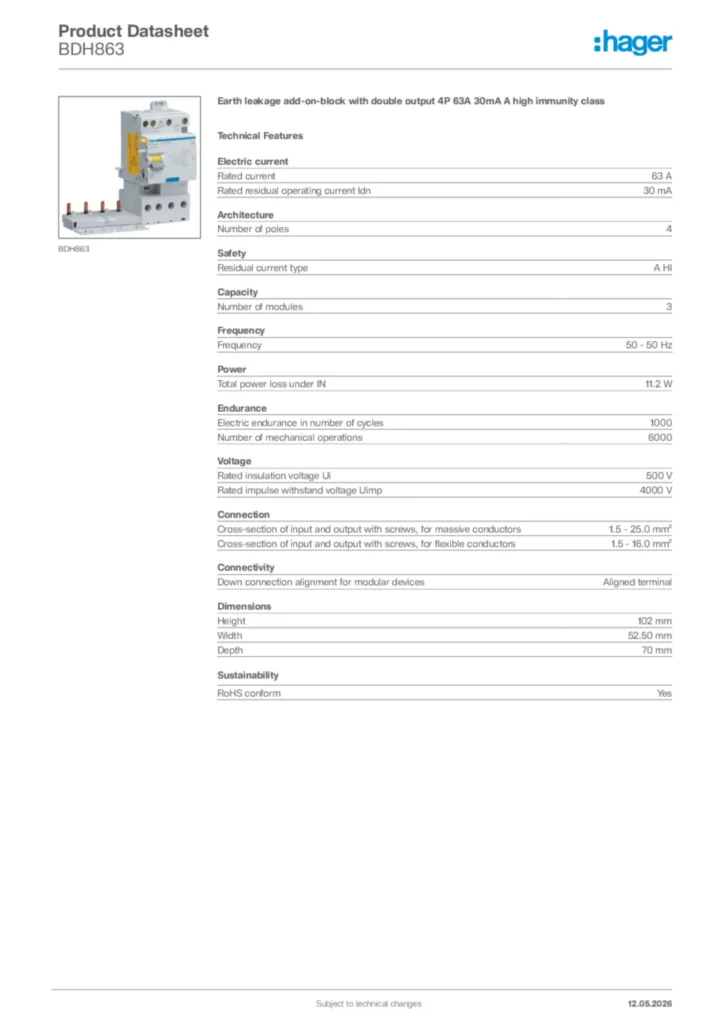 Image Hager Product data sheet BDH863  | Hager Africa